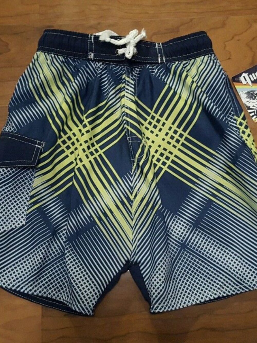 QUAD SEVEN BOY'S SIZE 12 / 14 SWIM TRUNKS NAVY BLUE & LIME PLAID BOARD NWT
